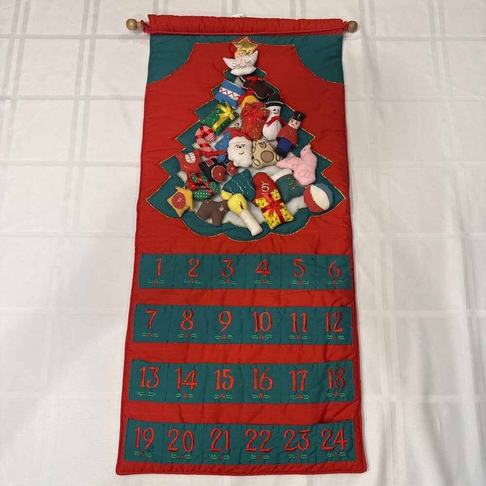 Vintage Pockets Of Learning Christmas Tree Advent Calendar Cloth Complete Set